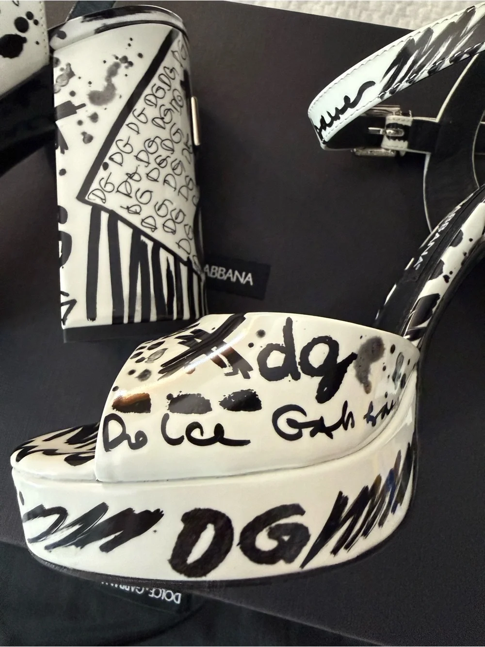 Dolce & Gabbana White and Black Graffiti Block Heel Sandals
